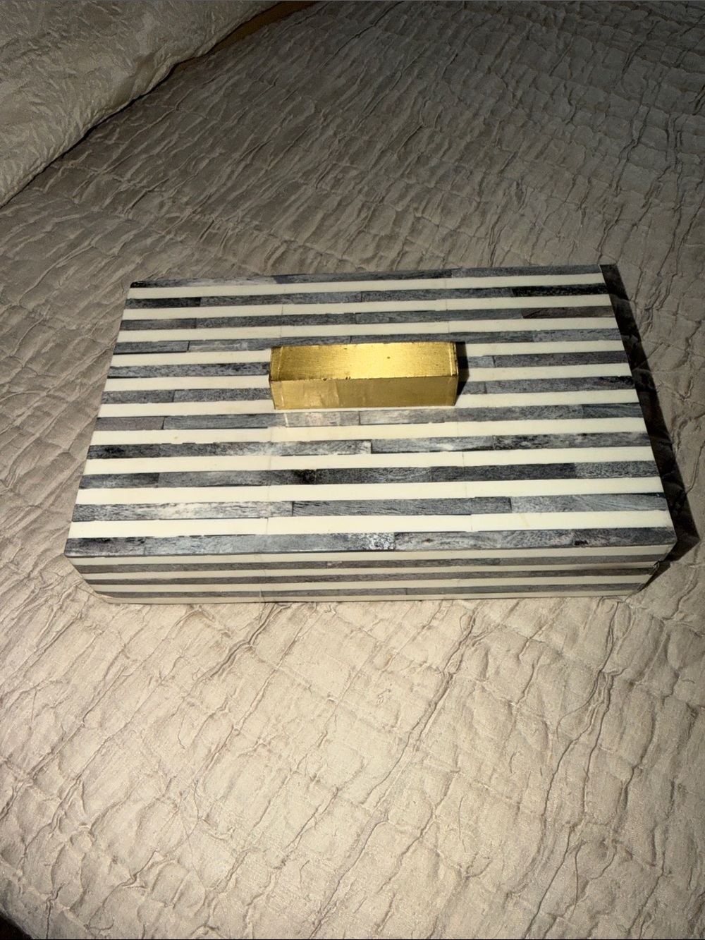 inlay bone Box with Gold Handle small flaw in side 9” by 6”
